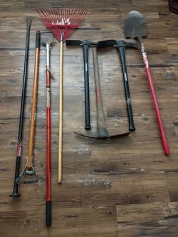 Garden Tool Lot – Rake, Mattock, Shovel & More