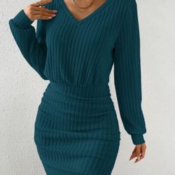 I New Women's Thin Textured Long Sleeve Ruched V Neck Bodycon Dress, Elegant Bishop Sleeve Short Rib Dress