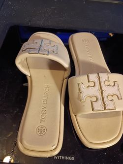 TORY BURCH DOUBLE T SPORT SLIDES SANDALS CREAM GOLD WOMEN'S SIZE 8.5