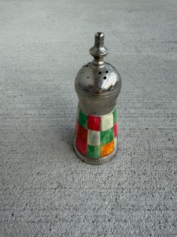 Vintage Colorful Bone Inlay Pepper Shaker Silver Tone Metal Top 4.5”