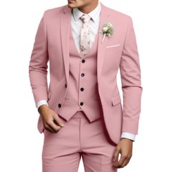 3 Piece Suit: Jacket, Vest, Trouser Size S Mens Coral Pink
