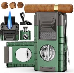6-in-1 Torch Cigar Lighter with Triple Jet Flame, Dual Cigar Cutter, Punch, Draw Enhancer, Holder, Refillable Butane Lighter with Gift Box, Cool Light