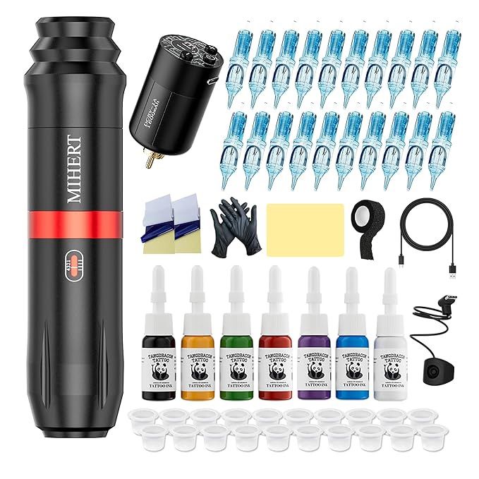 BRAND NEW Tattoo Gun Kit with Wireless Rotary Tattoo Machine, 1500mAh Battery, 20 Tattoo Cartridge Needles, 7 Tattoo Inks, Tattoo pen for Beginners an