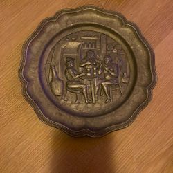 Antique Hammered Copper Wall Plate, Pub Scene