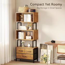 7 Tier BookShelf, Tall Geometric Bookcase with Fabric Drawers, Modern Display Book Shelves Book Case for Living Room Bedroom, Wood Decorative Standing