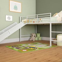 DHP Junior Twin Metal Loft Bed with Slide, Multifunctional Design, White with White Slide