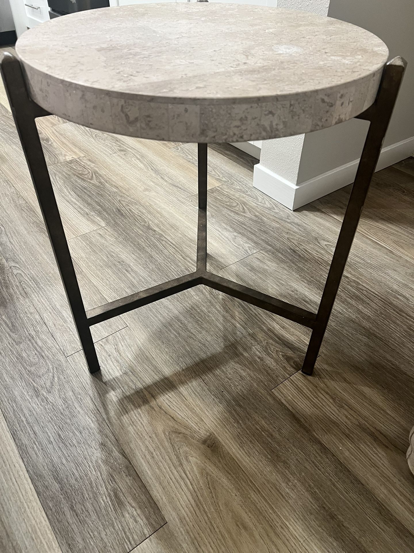 Modern Round Stone Side Table with Metal Base