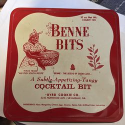 vintage Benne Bits square tin manufactured by the Byrd Cookie Company in Savannah, Georgia.