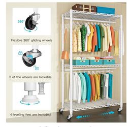 P1 Heavy Duty Garment Rack, 3 Tiers Adjustable Rolling Metal Closet Organizer with Lockable Wheels, FreeStanding Wardrobe with Double Hanger Rods & 1 