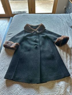 Vintage wool coat with real fur trim on collar and cuffs