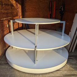 ONLY 2 LEFT IN STOCK.

High End 3 Tier Round Table (Gondola, Island Shelving) White Wood Veneer and Metal on Wheels.