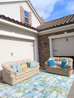 Beige Leather Sofa and Loveseat Set