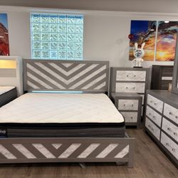 Gray/White Marble Chevron Bedroom Furniture Set 5 Pc 