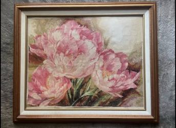 Handmade Floral Needlepoint Framed Art Pink Peonies Cross Stitch Vintage Style