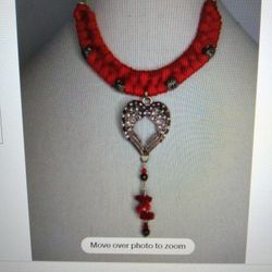 Hand Made Red Paracord Choker Necklace Silver  Angel Wing Heart  Pendant  & Red  Beads. 