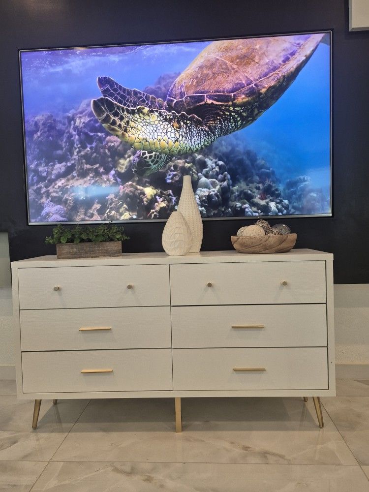 BEAUTIFUL MID CENTURY STYLE 6 DRAWERS  DRESSER IN WHITE & GOLD COLOR 55X17X32 BRAND NEW ROLL/ DRAW 