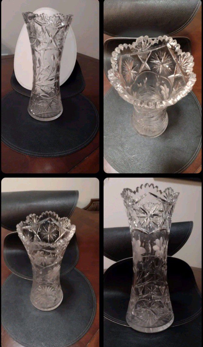 Crystal Corset Vase Floral Etched Heavy 12"