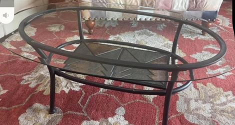 Oval Glass Top Coffee Table with Stone Shelf