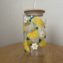 Lemon Wedge Glass Cup With Lid And Straw