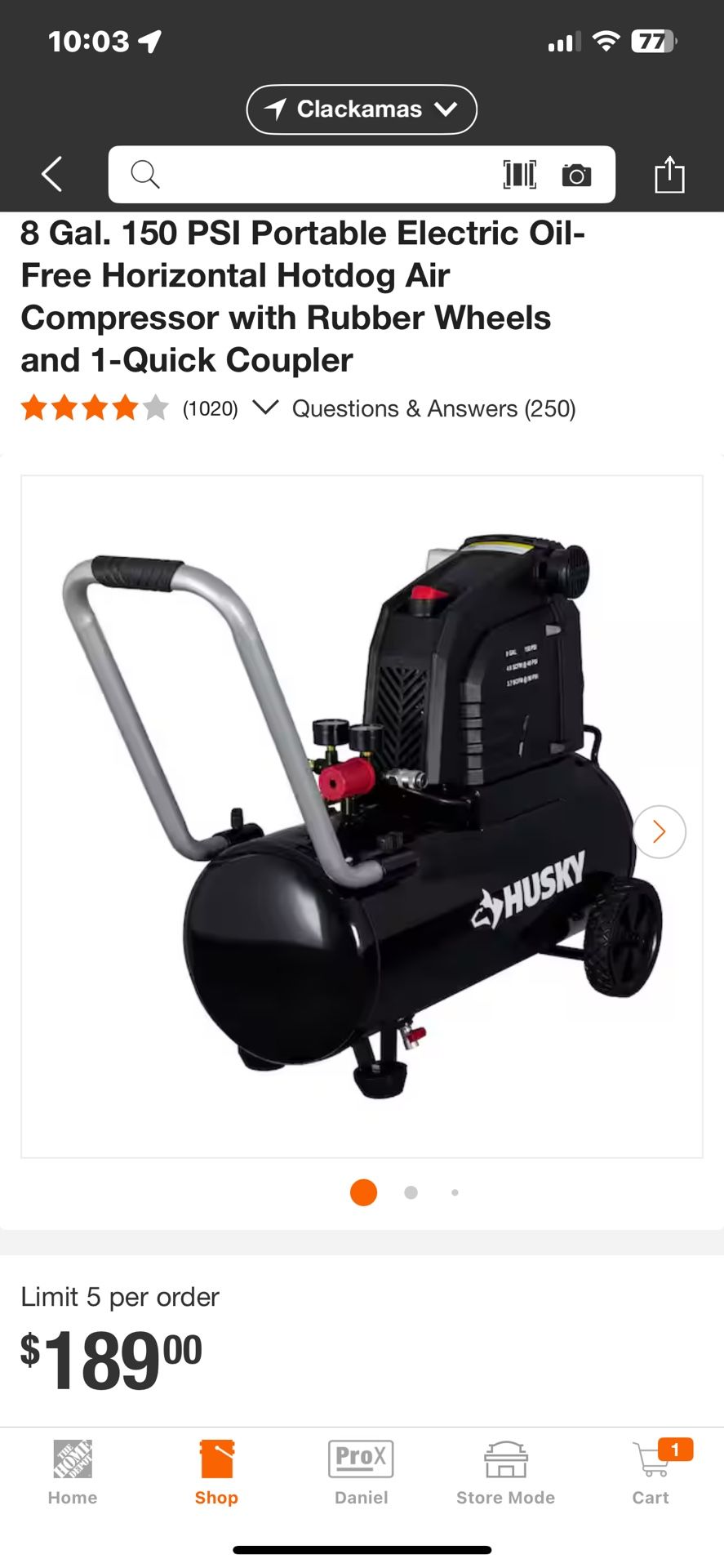 Husky 8 Gallon Air Compressor 8 Gal. 150 PSI Portable Electric Oil-Free Horizontal Hotdog Air Compressor with