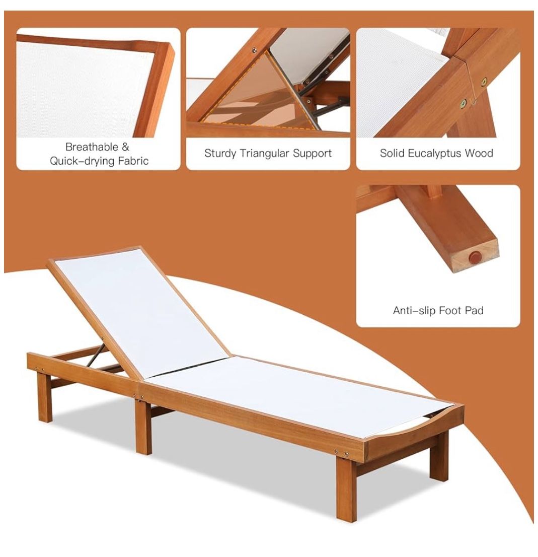 Outdoor Furniture Chaise Lounge Chair White w/ Wood Frame