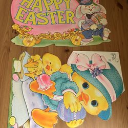 Vintage 80s 1983 Die Cut Wall Decor Easter Card stock Duckling Bunny Rabbit Egg Floral USA
