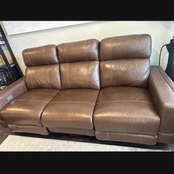 Luxury Brown Leather Power Reclining Sofa W/USB - Like New - Must Sell
