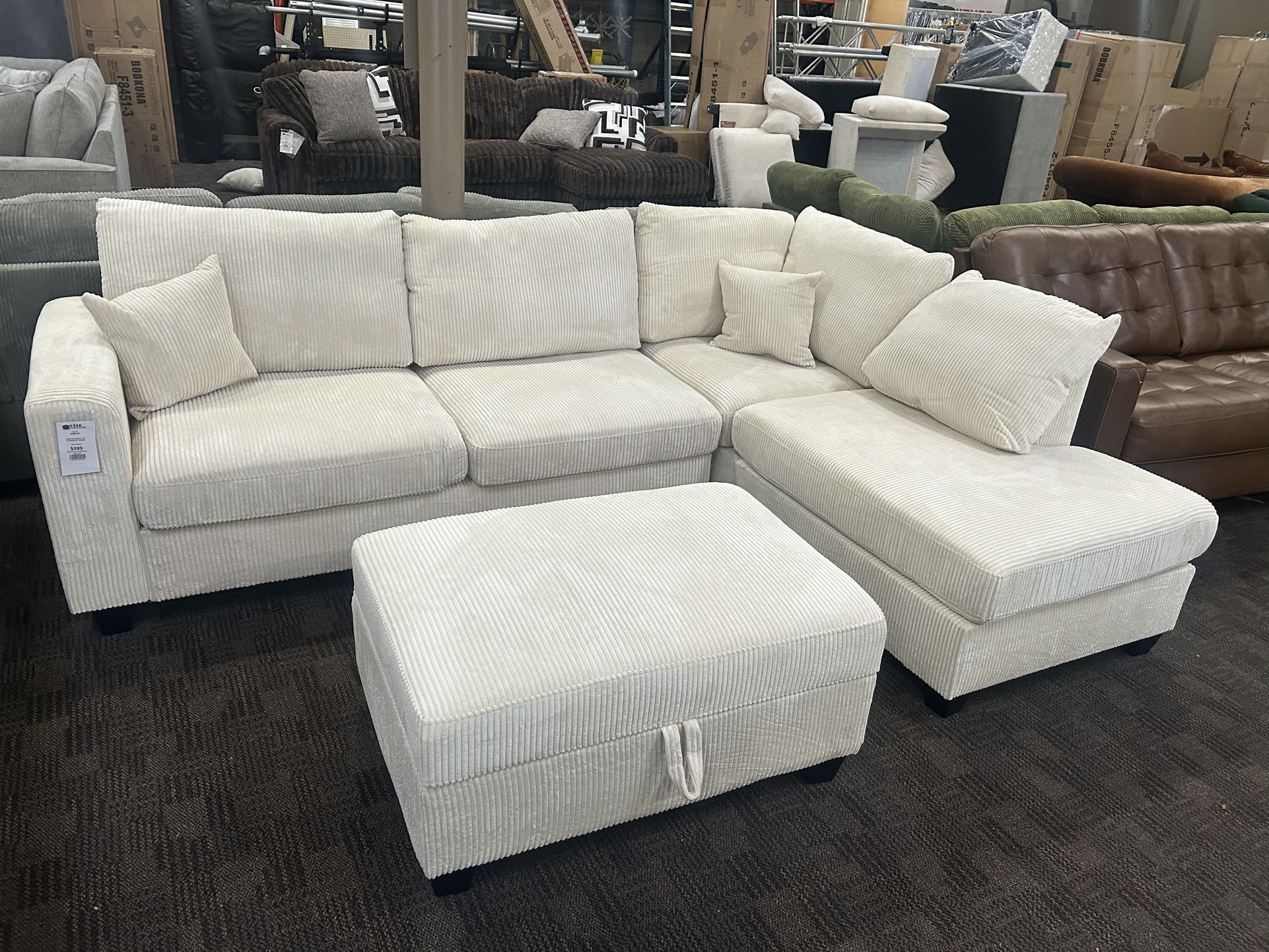 Cream Sectional W Storage Ottoman