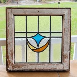 Vintage 20” Leaded Stained Glass Window Old Wood Frame Architectural Salvage