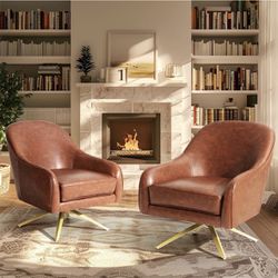 Swivel Accent Chairs Set of 2, Mid Century Barrel Leather Oversized Swivel Chair with Metal Legs, Mo