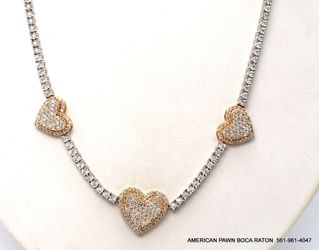 10K White Gold 3 Heart Illusion Set 4 CT Real Diamond Tennis Necklace 3mm 17" Pre owned. 