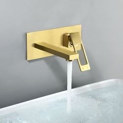  Modern Brushed Gold Wall Mount Bathroom Sink Faucet Solid Brass B8