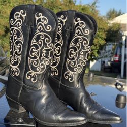 Women'sw Tony Lama Vintage Boots Black Leather White Embroidered 7.5 Western