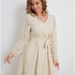 NWOT Cream A-Line Long Sleeve V-Neck Dress S