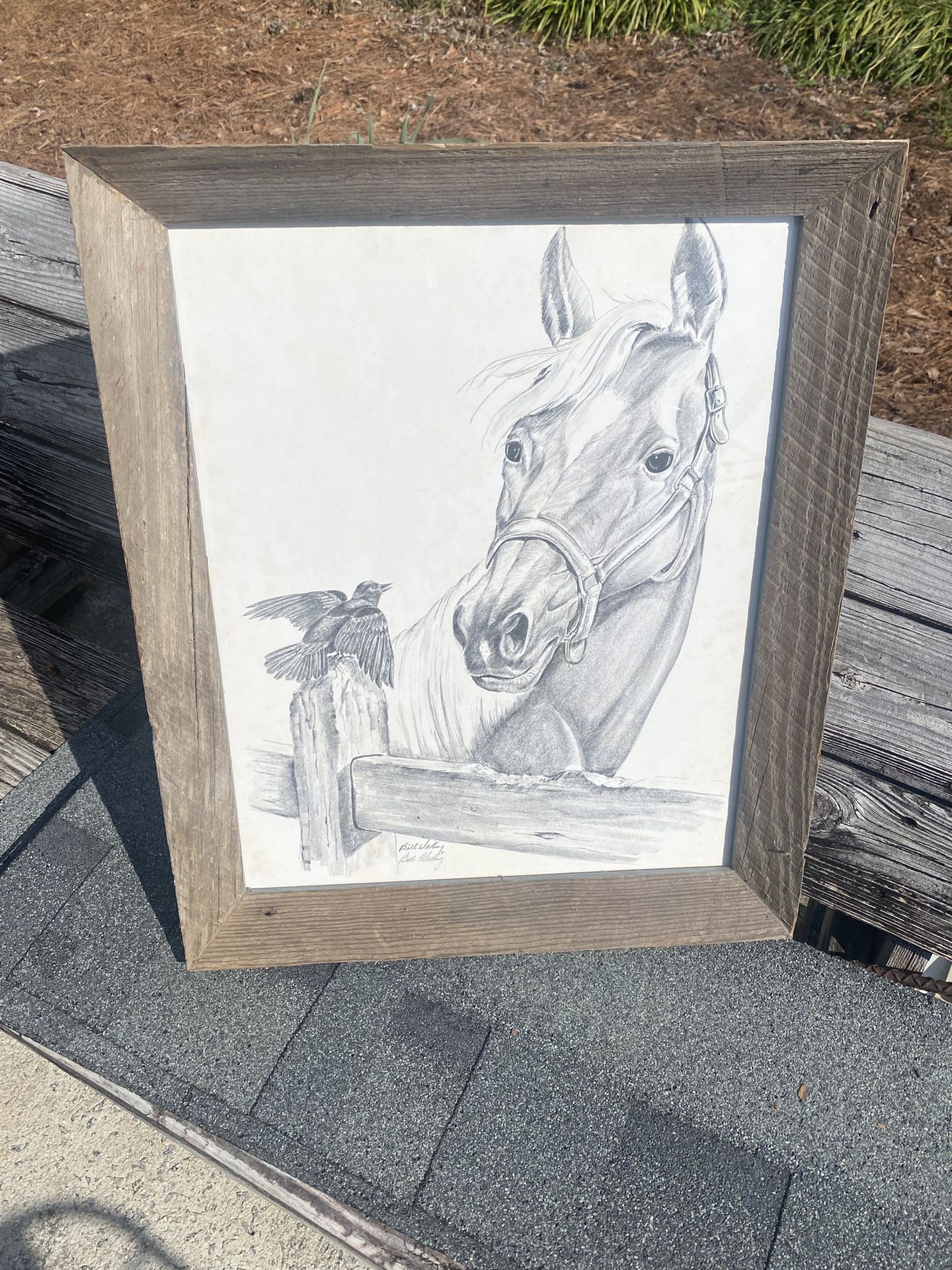 25x20” Vintage “Bill Wesling ‘71” *Horse and Bird On Fence Post*; Hand Signed; Barn Board Framed - Compare @ $300+