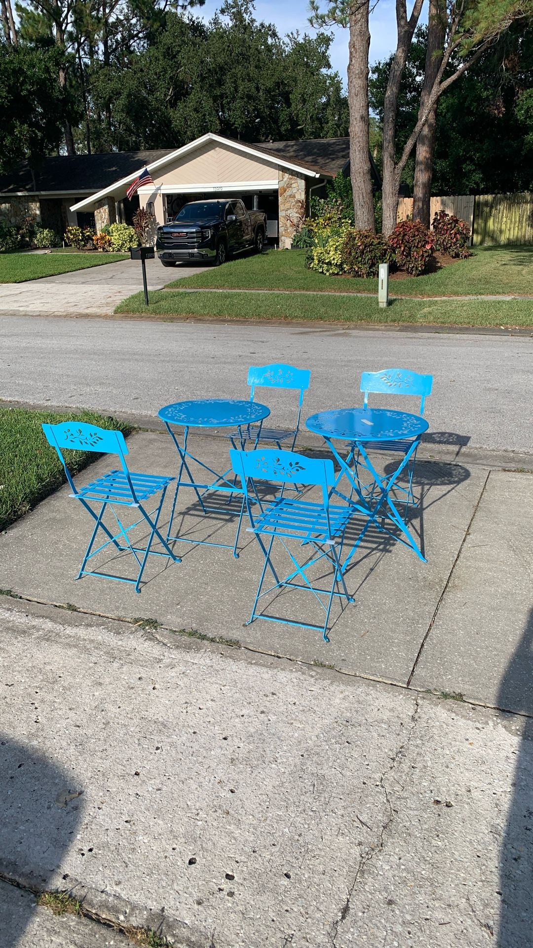Two Folding Tables And Four Folding Metal Chairs Blue