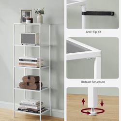 Bookcase, 5-Tier Bookshelf, Slim Shelving Unit for Bedroom, Bathroom, Home Office, Tempered Glass, Steel Frame, Pearl White and Sla
