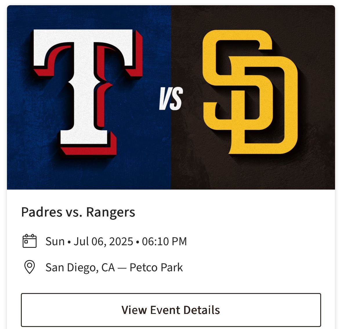 Padres Vs Rangers Sunday 7/6, Two Tickets Sec 110
