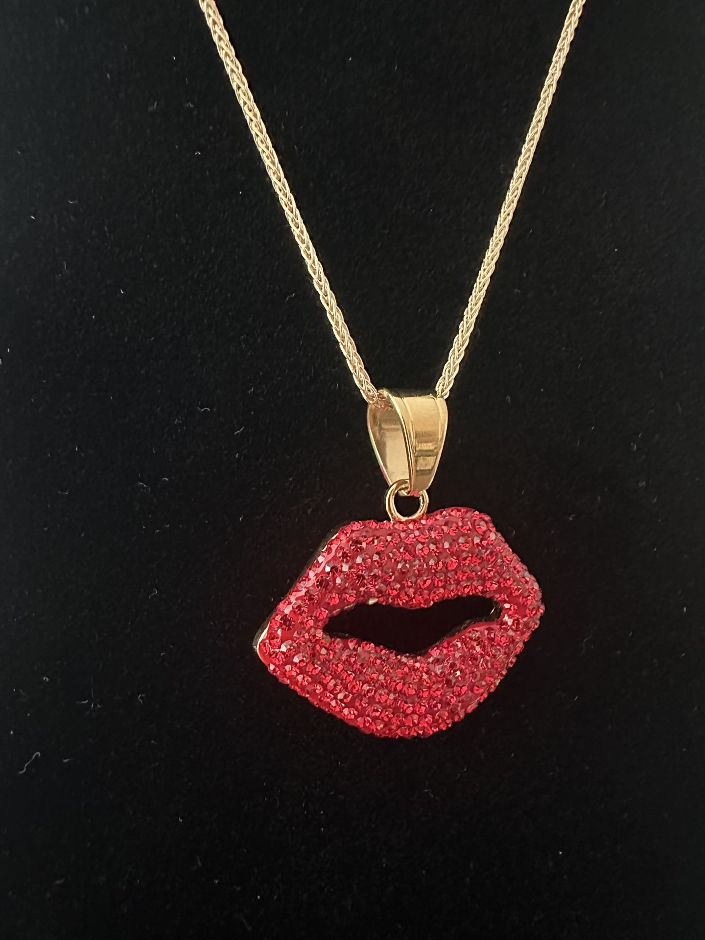 14K Gold Over 925 Red Lip Pendant with Synthetic Rubies + 20” Chain