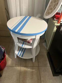 Table, wood painted white n blue