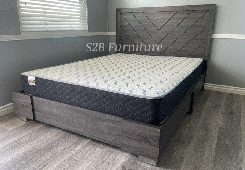 Queen Grey Alpine Platform Bed With Ortho Mattress Included!!