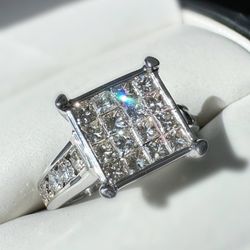14K White Gold 3CTW Natural Diamond Princess & Round Cut Ring Sz5.25