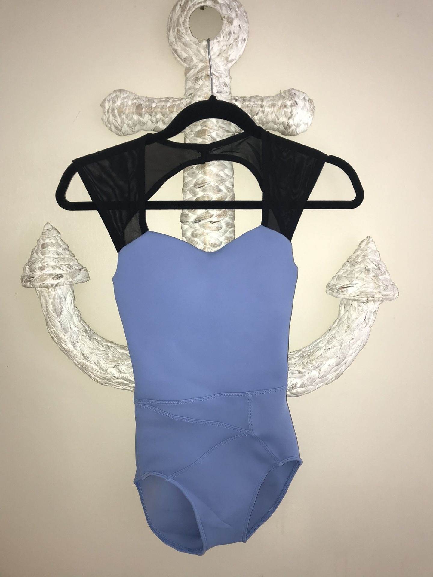 NWT Cleo Harper One Piece Bodysuit/Swimsuit/Activewear in Light Blue Black Mesh