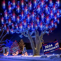 Kwaiffeo 4th of July Decorations Outdoor, Red White Blue Meteor Shower Lights for Independence National Memorial Day, US Flag Lights for Patriotic Dec