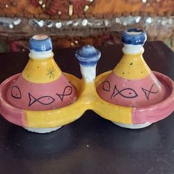Colorful Moroccan Ceramic Condiment Set w/ Fish Design