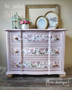 Floral refinished 3 drawer chest of drawers dresser