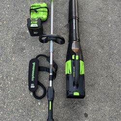 Like New, Excellent Condition Greenworks 8OV 17" Brushless String Trimmer & Greenworks 80V 730 CFM Cordless Battery Leaf Blower