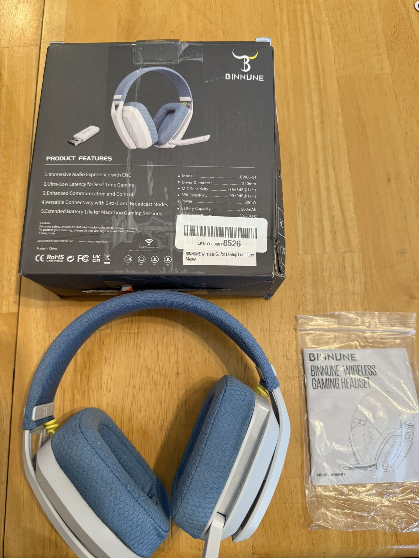 BINNUNE 2.4GHz Wireless Gaming Headset with Mic (missing Receiver) 
