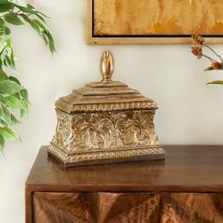 Deco79 2-piece Gold Floral Embossed Decorative Polystone Lidded Box