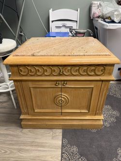 Vintage Light Wood Accent Cabinet with Marble Top & Detailed Carvings
